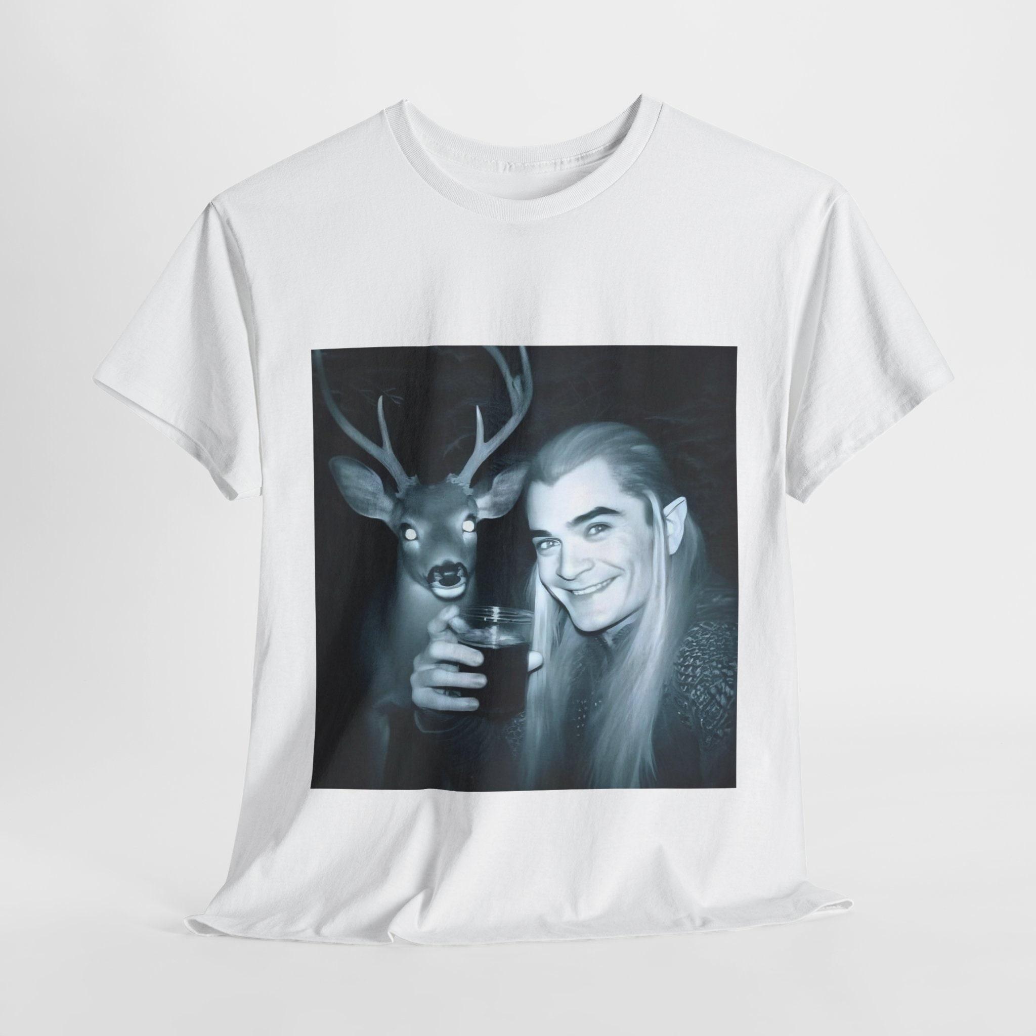 Cheers by Legolas and the Deer at Night Graphic T-Shirt - Whimsical Middle-earth Print Tee - Funny Shirt Unisex Cotton Crewneck Shirt